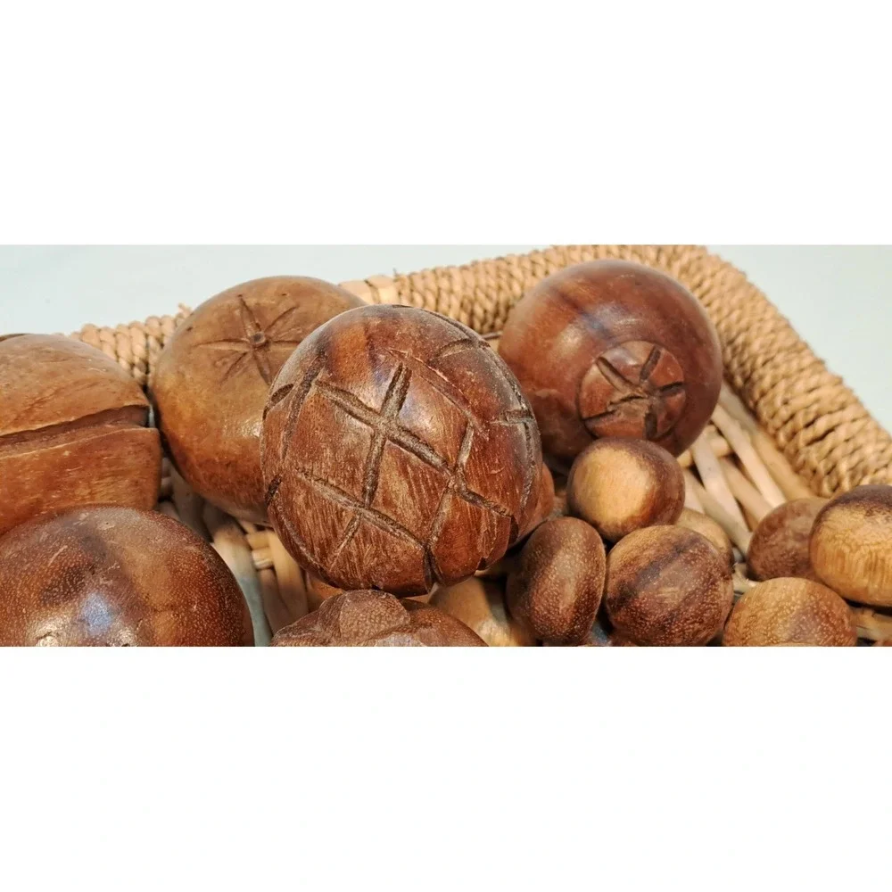 Vintage Hand Carved Wooden Fruit Set with Woven Wicker Basket Centerpiece Decor‎